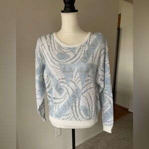 Vintage Custina Blue Ribbed Knit Blue Sparkly Crochet Sweater Size Large